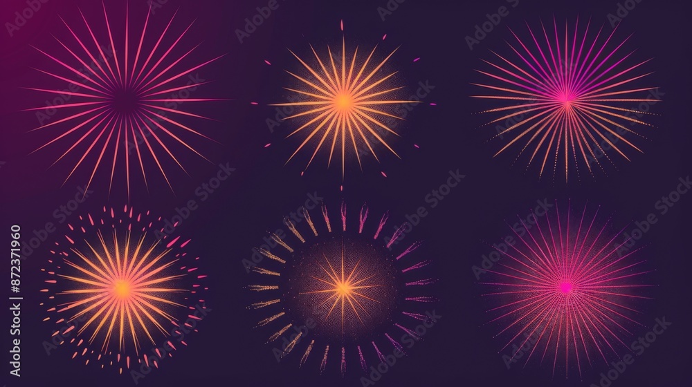 A collection of six bright and colorful starburst fireworks, each with unique designs, bursting against a dark background, highlighting celebration and festivity.
