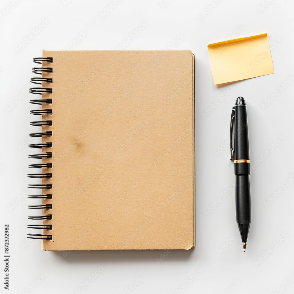 Notebook, pen, and sticky note on white background. Notebook is closed with pen on top. Sticky note is to the right of notebook and pen. Notebook, pen, and sticky note on white background. Notebook is closed with pen on top. Sticky note is to the right of notebook and pen.