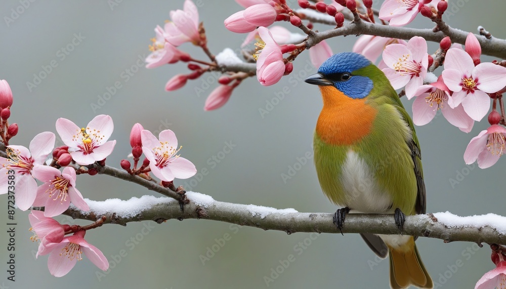 illustration, cute bird with cherry blossom illustration, cute bird with cherry blossom
