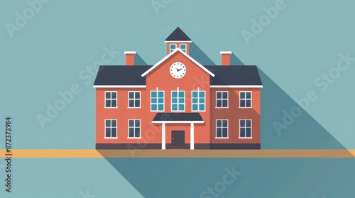 A detailed vector illustration showcasing the facade of a classic school building with a clock and chimneys, exemplifying traditional educational architecture in a simplified cartoon style.