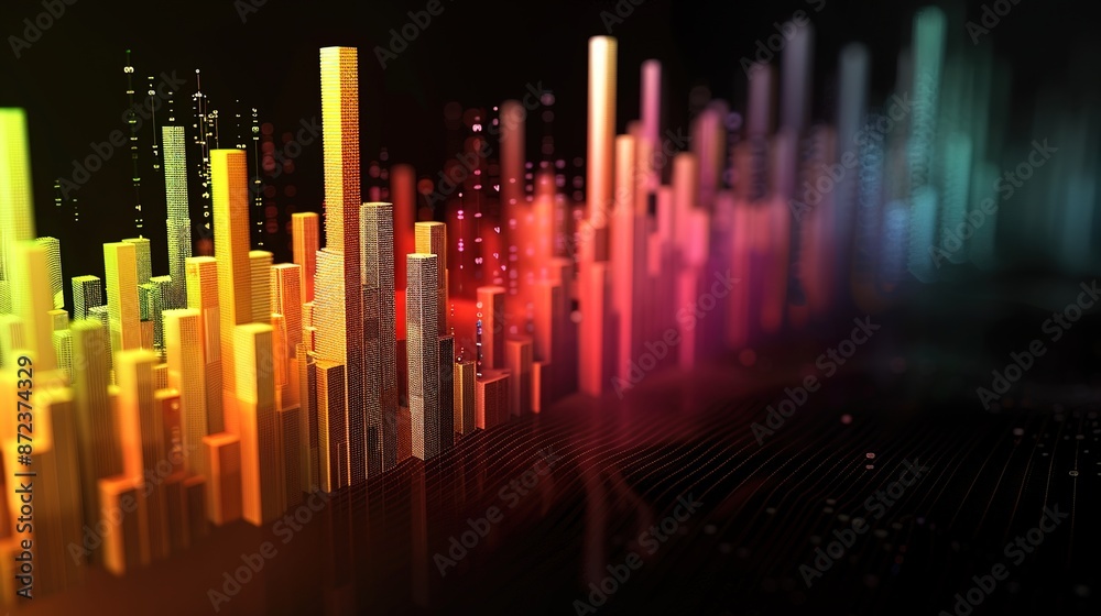 Dynamic 3D Investment Data Visualization on Black Background with Copy Space Dynamic 3D Investment Data Visualization on Black Background with Copy Space