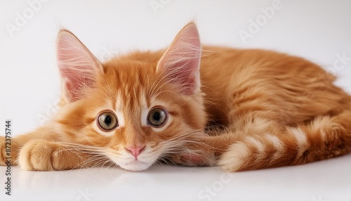 lying ginger kitten on a white background