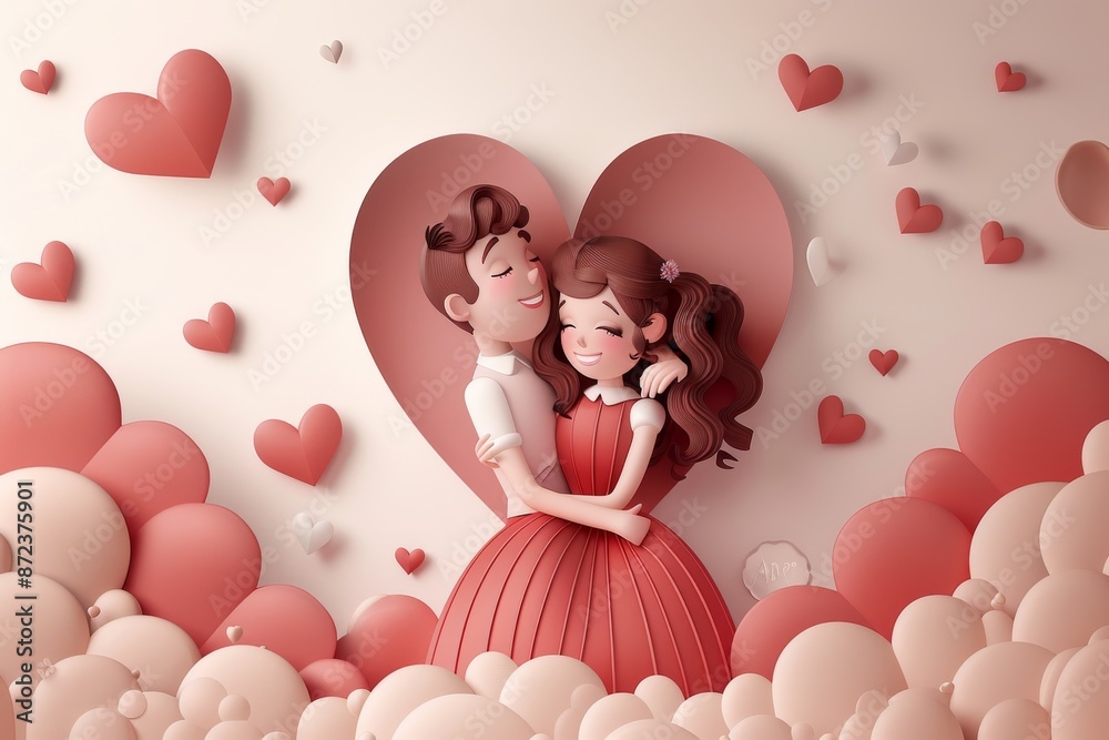 Whimsical illustration of a couple surrounded by heart balloons symbolizing love and joy in a playful artistic design Whimsical illustration of a couple surrounded by heart balloons symbolizing love and joy in a playful artistic design