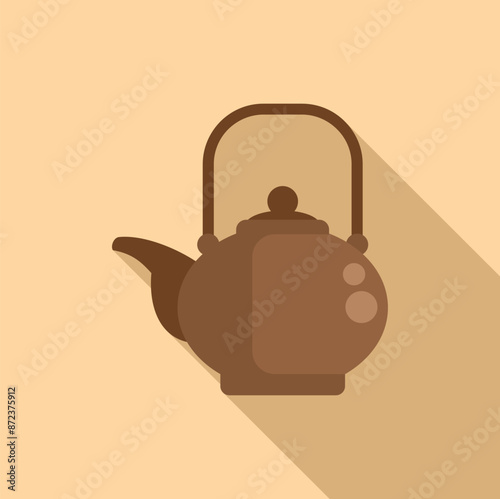 Brown ceramic chinese teapot brewing refreshing beverage with long shadow on beige background