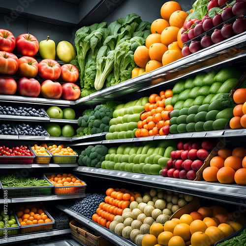 Obst und Gemüse frisch bunt sortiert in langen hohen Regalen Kühlregalen zum Verkauf im Supermarkt Produkt Präsentation Angebot Auslage gekühlt sortiert umweltfreundlich unverpackt Bio Naturprodukte  photo