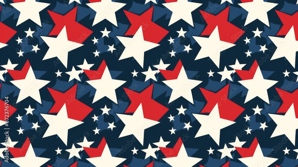 A seamless pattern featuring red, white, and blue stars in various sizes on a navy blue background, evoking a patriotic and celebratory spirit. A seamless pattern featuring red, white, and blue stars in various sizes on a navy blue background, evoking a patriotic and celebratory spirit.