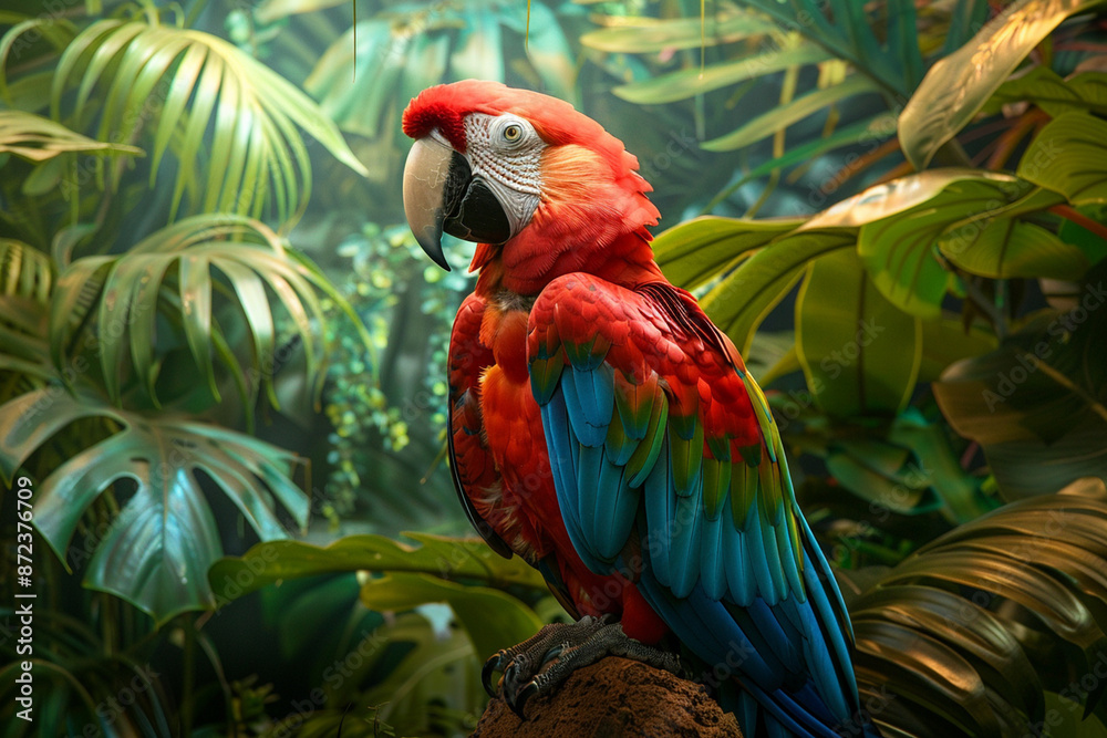 Obraz premium Majestic Macaw Perched in Vibrant Tropical Jungle Canopy
