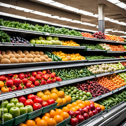 Obst und Gemüse frisch bunt sortiert in langen hohen Regalen Kühlregalen zum Verkauf im Supermarkt Produkt Präsentation Angebot Auslage gekühlt sortiert umweltfreundlich unverpackt Bio Naturprodukte 