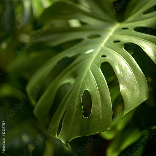 Zbliżenie na liść monstery dziurawej. Monstera deliciosa