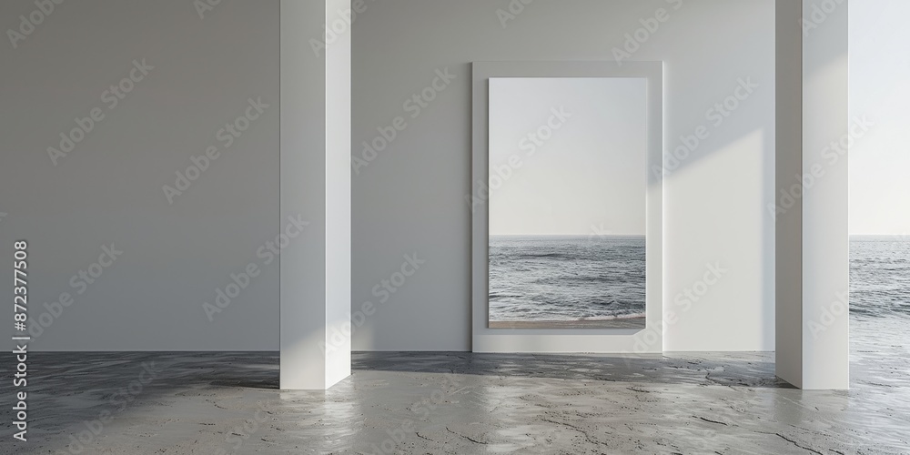 Modern interior with large window frame overlooking sea. Architectural photography. Banner with copy space Modern interior with large window frame overlooking sea. Architectural photography. Banner with copy space