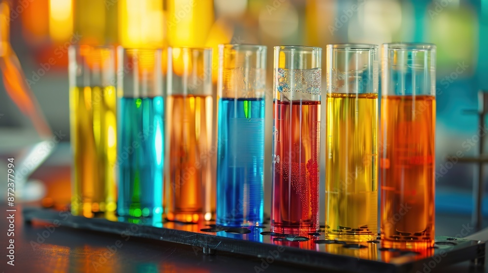 Colorful chemical reagents in glass test tubes on lab bench with blurred background Colorful chemical reagents in glass test tubes on lab bench with blurred background