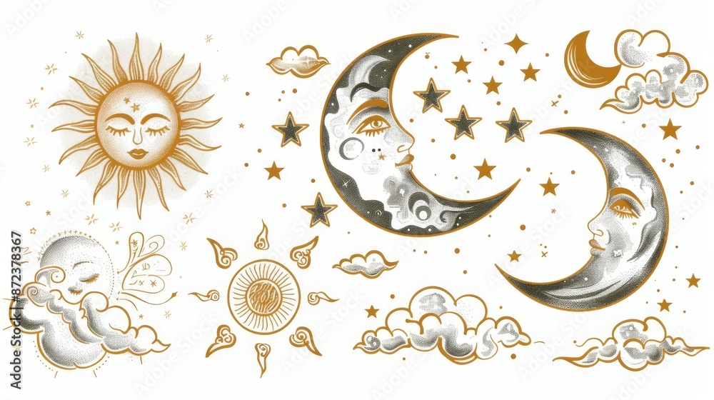 This image features cosmic illustrations of the sun and moon with accompanying stars, creating a whimsical and magical representation of the universe in golden hues. This image features cosmic illustrations of the sun and moon with accompanying stars, creating a whimsical and magical representation of the universe in golden hues.