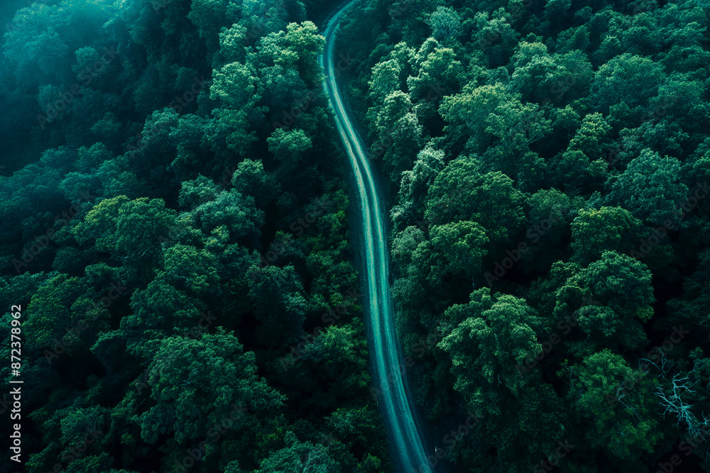 Mountain road in dark green forest, aerial top down view