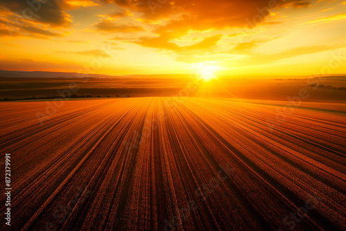 Aerial view on the field during sunset. Landscape from drone. Agricultural landscape from air. Agriculture - image