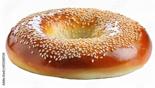 fresh round wheat bagel with sesame seeds isolated on white background with clipping path cut out bagel element for advertising crispy bread healthy organic food mockup © Bryson