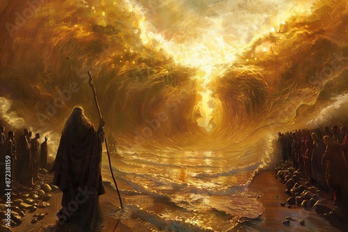 Moses striking the rock at Horeb with his staff, causing water to miraculously gush forth. Astonished Israelites rush to collect the water, while Moses stands resolute, his faith and leadership eviden
