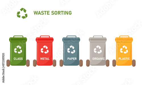 Containers for sorting waste. Sorting waste for recycling. Garbage bins. Various types of waste: paper and plastic, scrap metal and glass, organics. Flat style illustration. Vector illustration