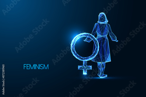 Empowerment, feminism, women power futuristic concept with woman silhouette and feminine symbol