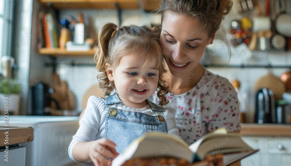A woman is smiling while reading a book to a little girl in a kitchen, sharing a happy moment A woman is smiling while reading a book to a little girl in a kitchen, sharing a happy moment