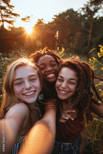 young teen diverse girls taing selfies in the nature. High quality photo photo