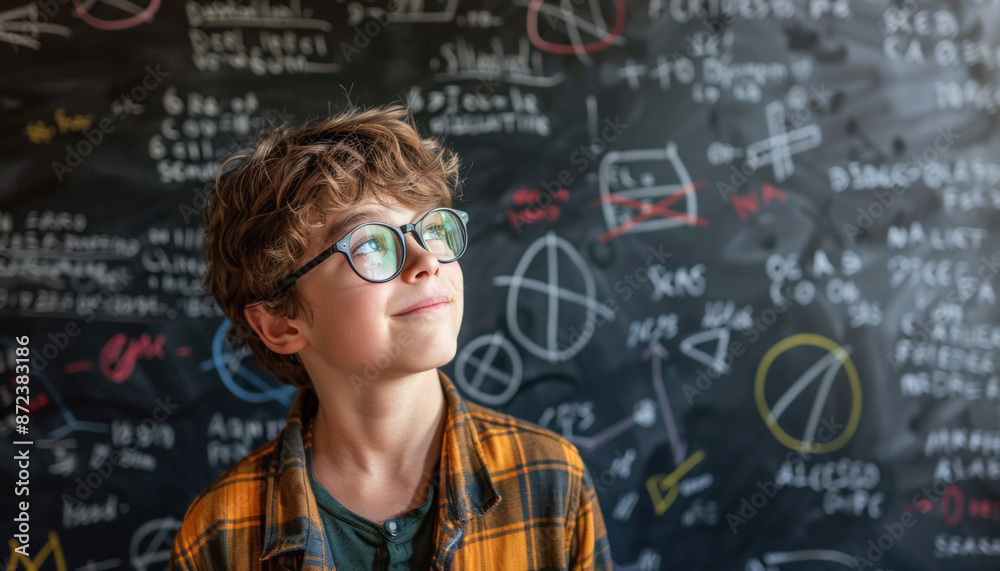 At an event, a cheerful young boy wearing glasses is smiling next to a blackboard At an event, a cheerful young boy wearing glasses is smiling next to a blackboard