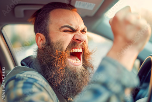 Bearded young man road raging, yelling from the car closeup shot photo