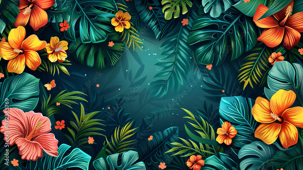 Colorful tropical flowers and lush green leaves with tropical forest shadow on blue background. Exotic tropical forest background with summer theme. Colorful tropical flowers and lush green leaves with tropical forest shadow on blue background. Exotic tropical forest background with summer theme.