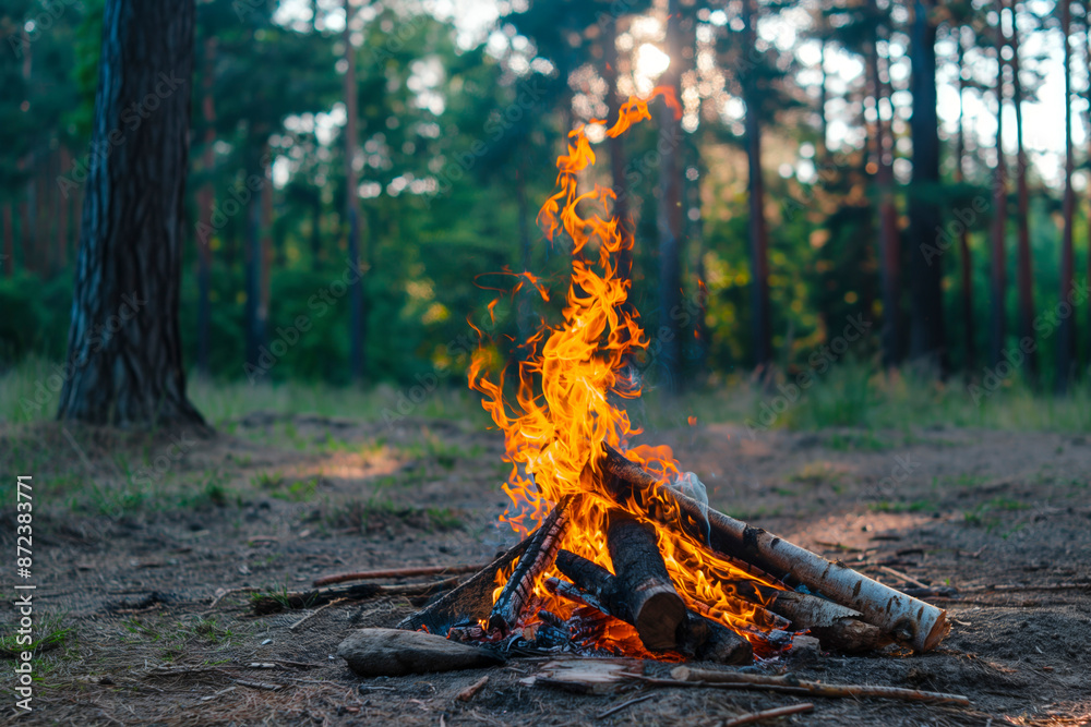 Beautiful bonfire with burning firewood in forest Beautiful bonfire with burning firewood in forest