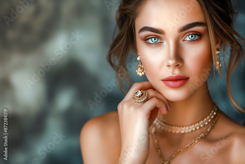 Beautiful girl with set jewelry. Woman in a necklace with a ring, earrings and a bracelet. Beauty and accessories concept