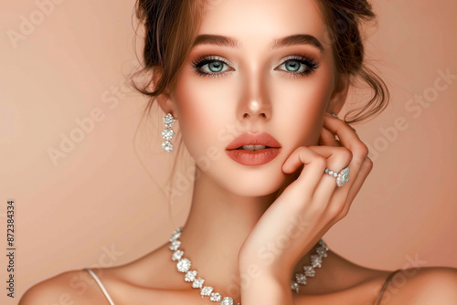 Beautiful girl with set jewelry. Woman in a necklace with a ring, earrings and a bracelet. Beauty and accessories concept
