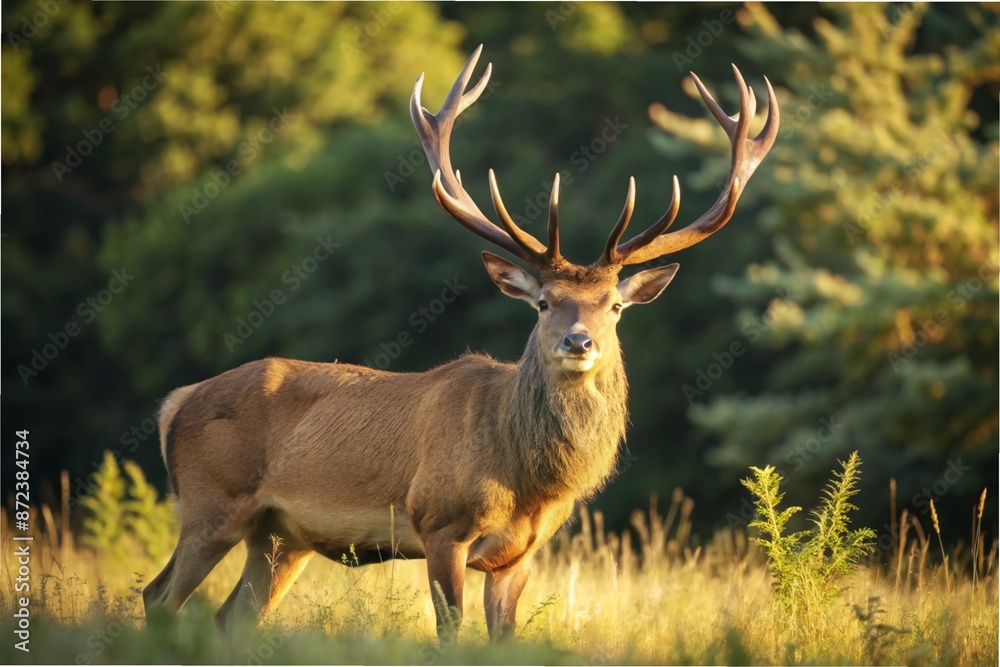 Fototapeta premium Sunlit red deer, cervus elaphus, stag with new antlers growing facing camera in summer nature. Alert herbivore from side view with copy space. Wild animal with brown fur observing on hay field. 