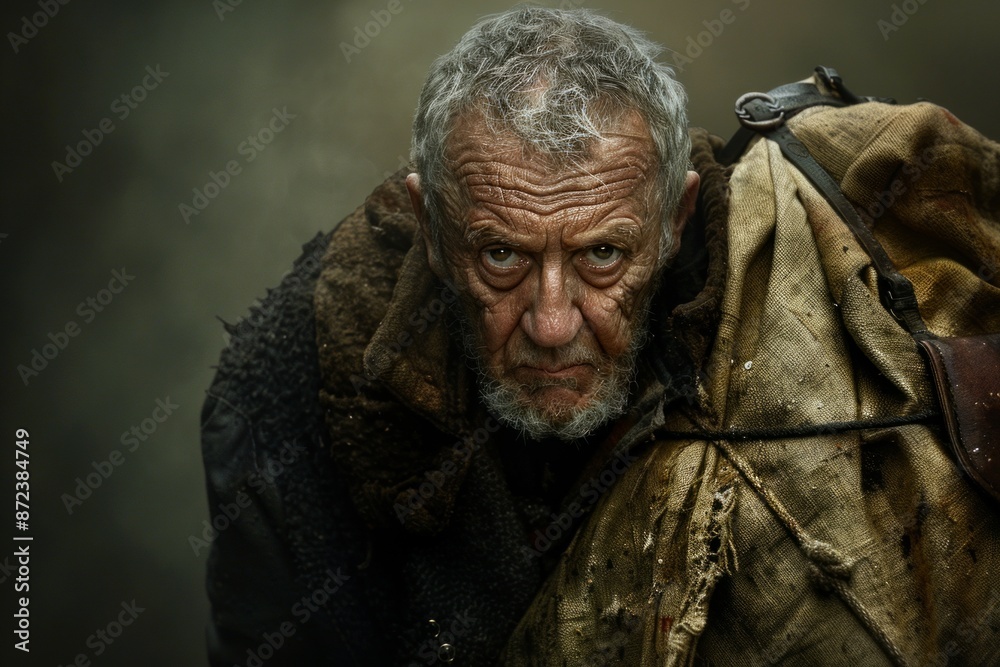 elderly man with a weathered face wears a backpack, symbolizing his journey through lifes hardships. elderly man with a weathered face wears a backpack, symbolizing his journey through lifes hardships.