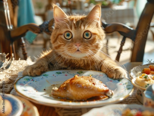 mischievous cat perched at a table, stealthily eyeing a plate of tempting human food, specifically chicken. photo