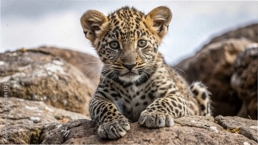 Fototapeta premium A leopard cub perched on a rock, looking curiously at the camera