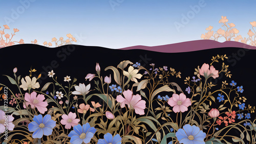 青空と花のある風景　AI画像　ジェネレーティブAI