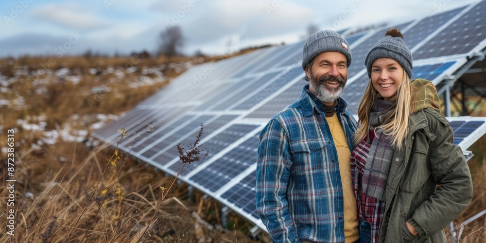 Couple in winter clothing standing next to solar panels in a field. Outdoor portrait for renewable energy and environmental awareness concepts. Winter landscape photography. Banner with copy space