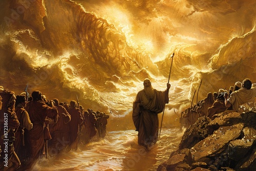 Moses striking the rock at Horeb with his staff, causing water to miraculously gush forth. Astonished Israelites rush to collect the water, while Moses stands resolute, his faith and leadership eviden photo