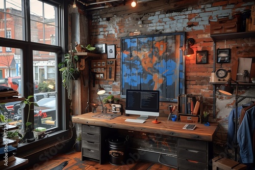 Industrial Chic Home Office With Exposed Brick Walls and Large Window © fotofabrika