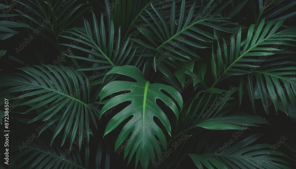 Vibrant and Organic Green Leaf Pattern with Abstract Palm and Monstera Leaves on a Bright Purple Background, Perfect for a Tropical Forest Theme Vibrant and Organic Green Leaf Pattern with Abstract Palm and Monstera Leaves on a Bright Purple Background, Perfect for a Tropical Forest Theme