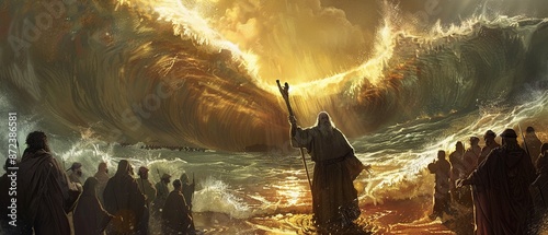 Moses striking the rock at Horeb with his staff, causing water to miraculously gush forth. Astonished Israelites rush to collect the water, while Moses stands resolute, his faith and leadership eviden photo