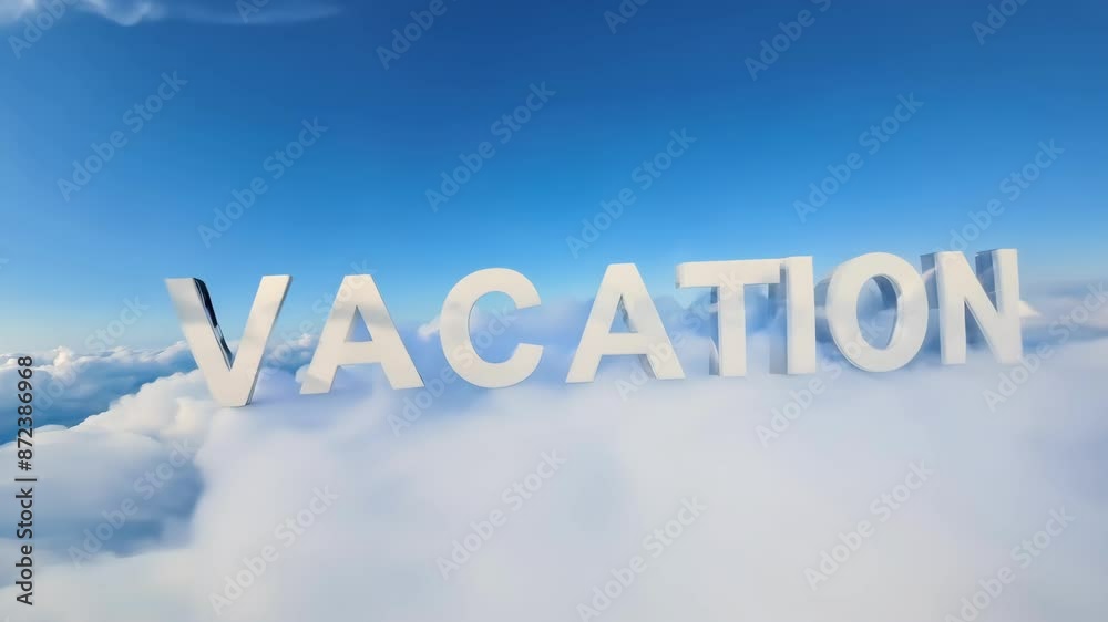 Flying through Vacation text above clouds in sky, travel and summer concept Flying through Vacation text above clouds in sky, travel and summer concept