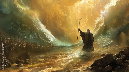 Moses striking the rock at Horeb with his staff, causing water to miraculously gush forth. Astonished Israelites rush to collect the water, while Moses stands resolute, his faith and leadership eviden photo