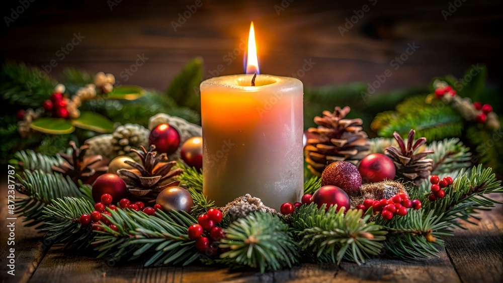 Brennende Kerze an einem Adventskranz Brennende Kerze an einem Adventskranz