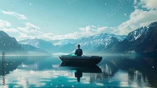 A boater on a large lake uses augmented navigation to avoid potential hazards accessing realtime water depth and obstacle data through their 5Genabled device.