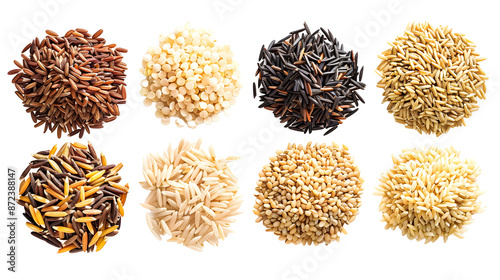 Collection of dry organic macro rice seed isolated on white background 