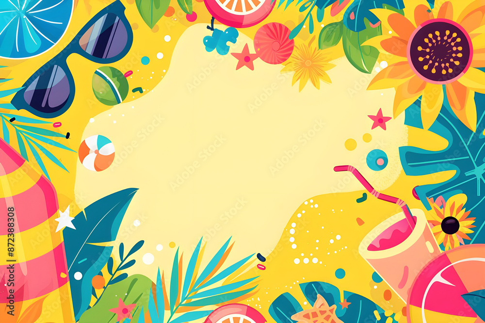 Colorful summer vibes with sunglasses, beach ball, sunflowers, and tropical drinks. Copy space. Colorful summer vibes with sunglasses, beach ball, sunflowers, and tropical drinks. Copy space.