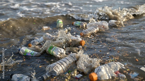 Environmental pollution trash scattered along seashore, providing ample space for text placement