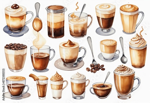 Obraz na płótnie Morning coffee inspiration: Watercolor illustrations of various coffee cups and delicious beverages, perfect for cafe menu design or bakery decor w salonie
