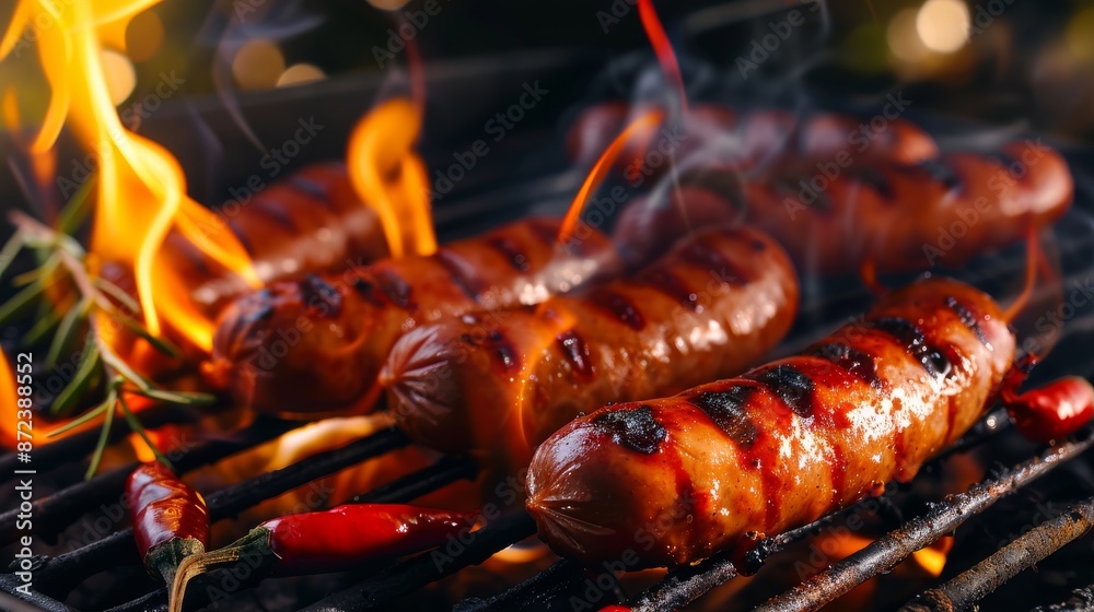 Sausages, bratwurst sizzling on a hot grill Sausages, bratwurst sizzling on a hot grill