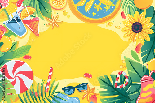 Colorful summer vibes with sunglasses, beach ball, sunflowers, and tropical drinks. Copy space.